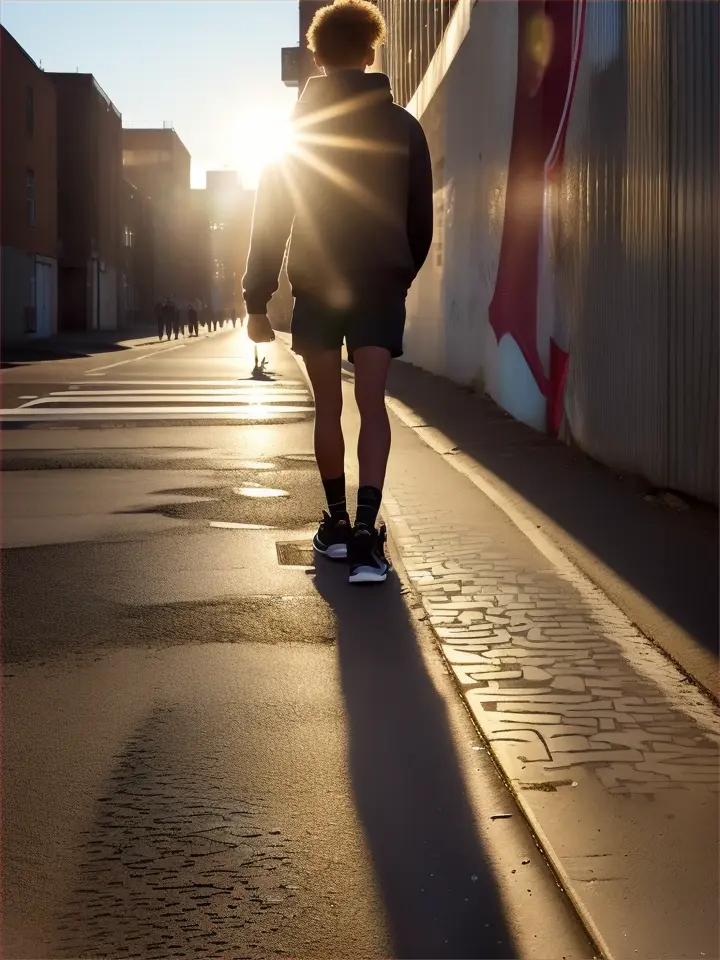 rising sun casting long shadows, gritty urban landscape, sneaker-clad feet on dirty pavement, graffiti-covered walls, clenched fist in the foreground; write a narrative about a character who refuses to settle for mediocrity, determined to make something of themselves despite the obstacles and adversity they face, advertising style