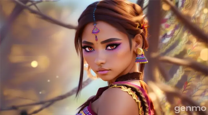An anime character named "bella", tanned skin, colorful eyeshadow, black hair, Aztec warrior dress, lace, tight top, black hair, hyper-detailed expressive brown eyes that shine, wild angle view, charming atmosphere daytime background, charming emotional eyes, {{full body}}, random view, wild angel, {{beautifully designed and colored silk garments}}, deep night, traditional Aztec clothing, charming colors, ultra-detailed face and eyes, 8K, UHD painting, charming poses, charming light
