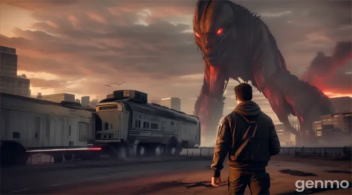 Protagonist standing horror-stricken in a deserted cityscape, with monstrous twisted creatures looming in the background