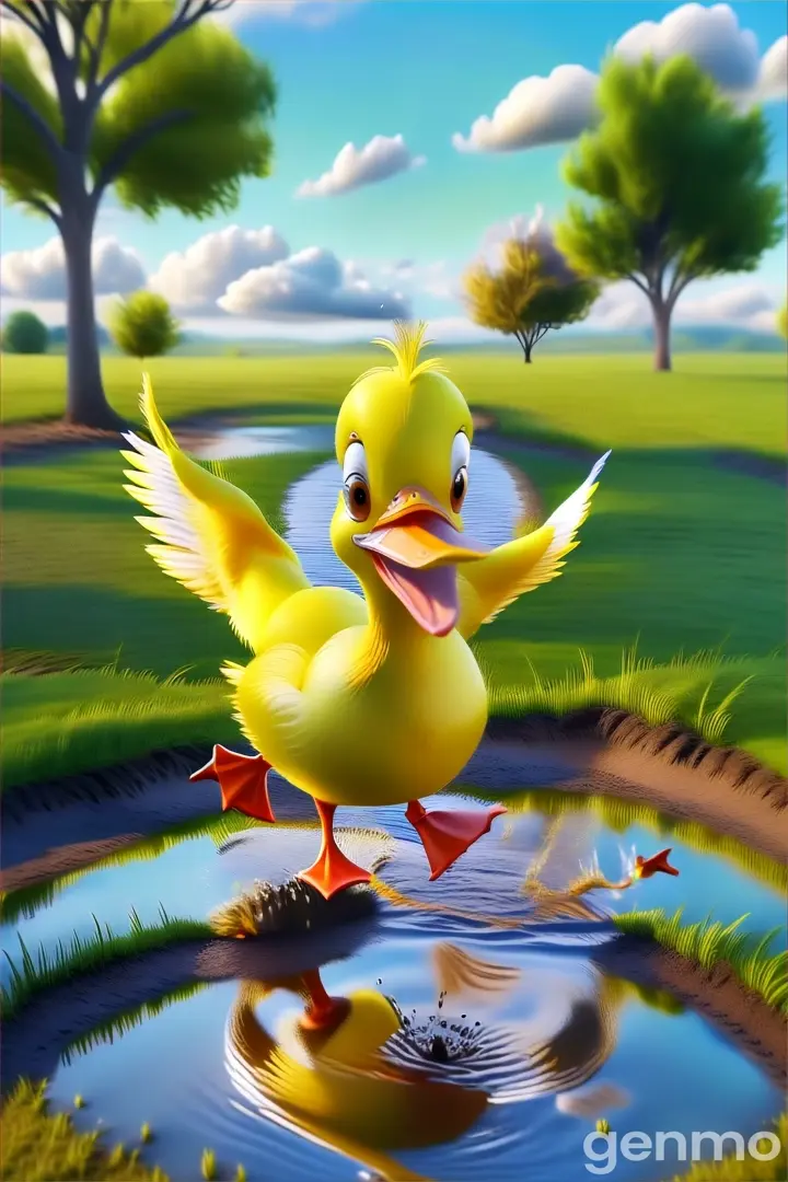 a little yellow duck jumping into a puddle of water