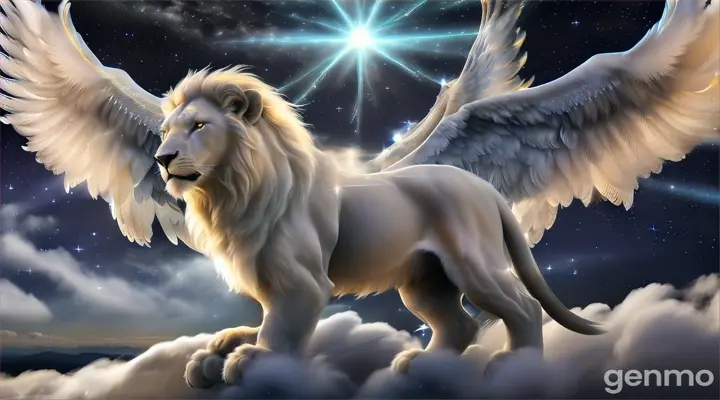 a majestic, glowing white lion with large, ethereal wings, soaring above a luminous, cloud-like surface. The lion's fur and wings shimmer with delicate strands of energy, glowing softly against the backdrop of a vast, starry night sky. The wings are outstretched, their feathers fluid and wispy, almost blending with the surrounding cosmic energy. Light radiates from the lion's chest and from a distant point above, casting a heavenly glow. The scene feels both surreal and divine, with soft, dream-like lighting and glowing particles drifting in the air. The style combines elements of fantasy realism and cosmic ethereality, with intricate details in the lion's fur and wings, as well as a celestial glow that evokes a sense of divine power and transcendence