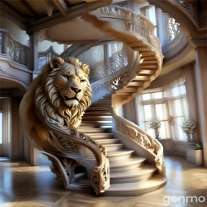 a spiral staircase with a lion head on it