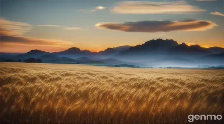 Cinematic, moody, wide shot of a field of wheat, blowing in the wind against a blue sky.