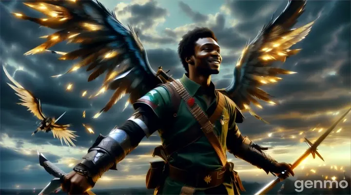 a man with wings and a sword in front of a dark sky