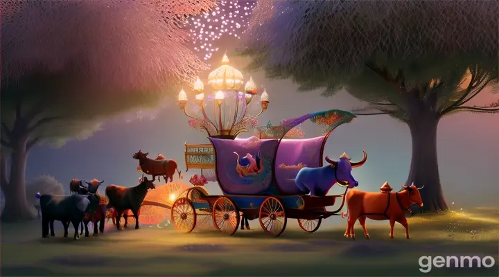 Figurine of a Ganesh bhgwan riding a cart with three cows amid an enchanting forest, surrounded by fairies and mythical creatures cartoon 3d
