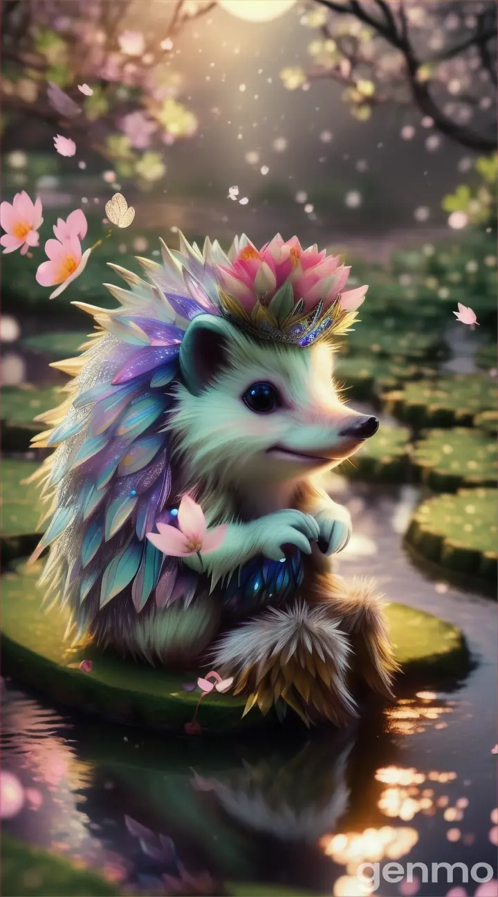 A fantasy hedgehog sitting by a moonlit pond, sakura petals falling around it in the breeze