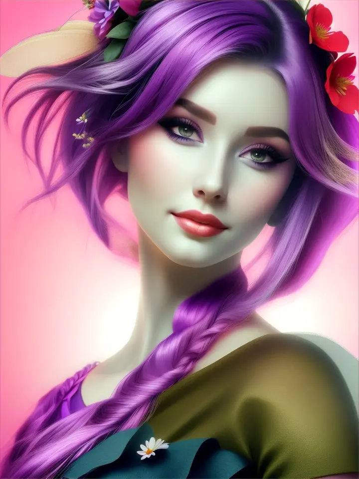 a woman with purple hair and flowers in her hair