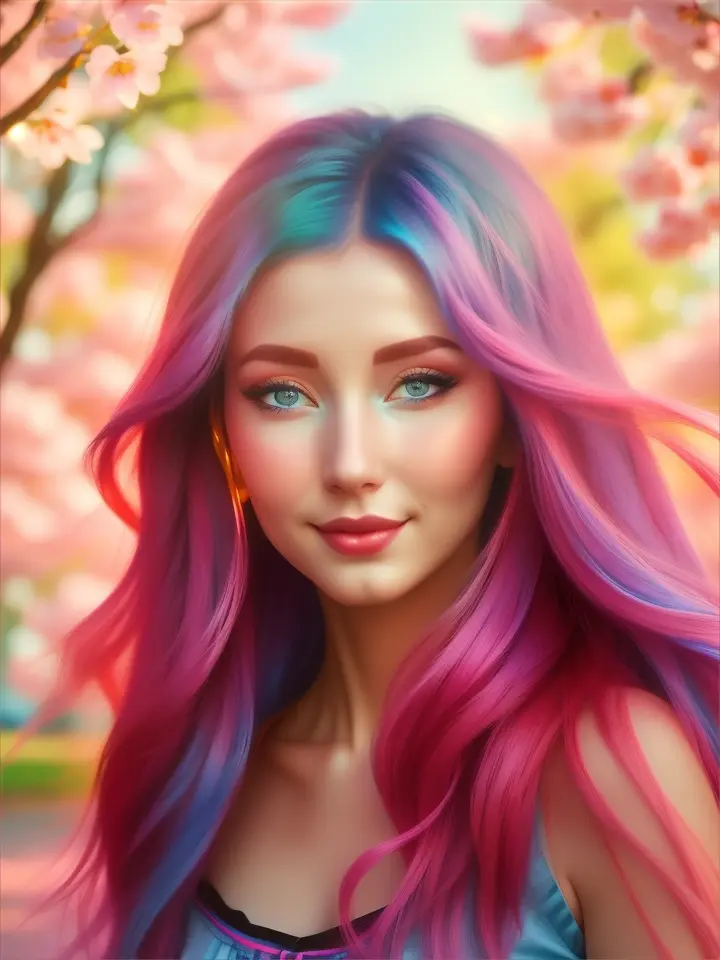 Blue-haired woman strolling through glowing, utopian streets lined with cherry blossom trees