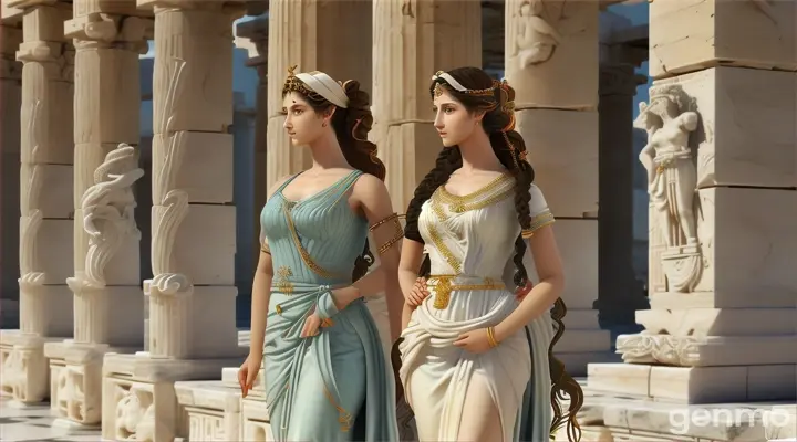 "Depict ancient Greek women with long, wavy hair, styled in elegant, natural curls. The women should be shown in traditional Greek clothing, such as chitons or peplos, with their hair flowing gracefully down their backs or partially pinned up with decorative pins and headbands. The scene could be set in an ancient Greek environment, such as a courtyard or temple, highlighting the beauty and sophistication of their hairstyles. The overall atmosphere should reflect the timeless elegance and cultural significance of long, wavy hair for women in ancient Greece."