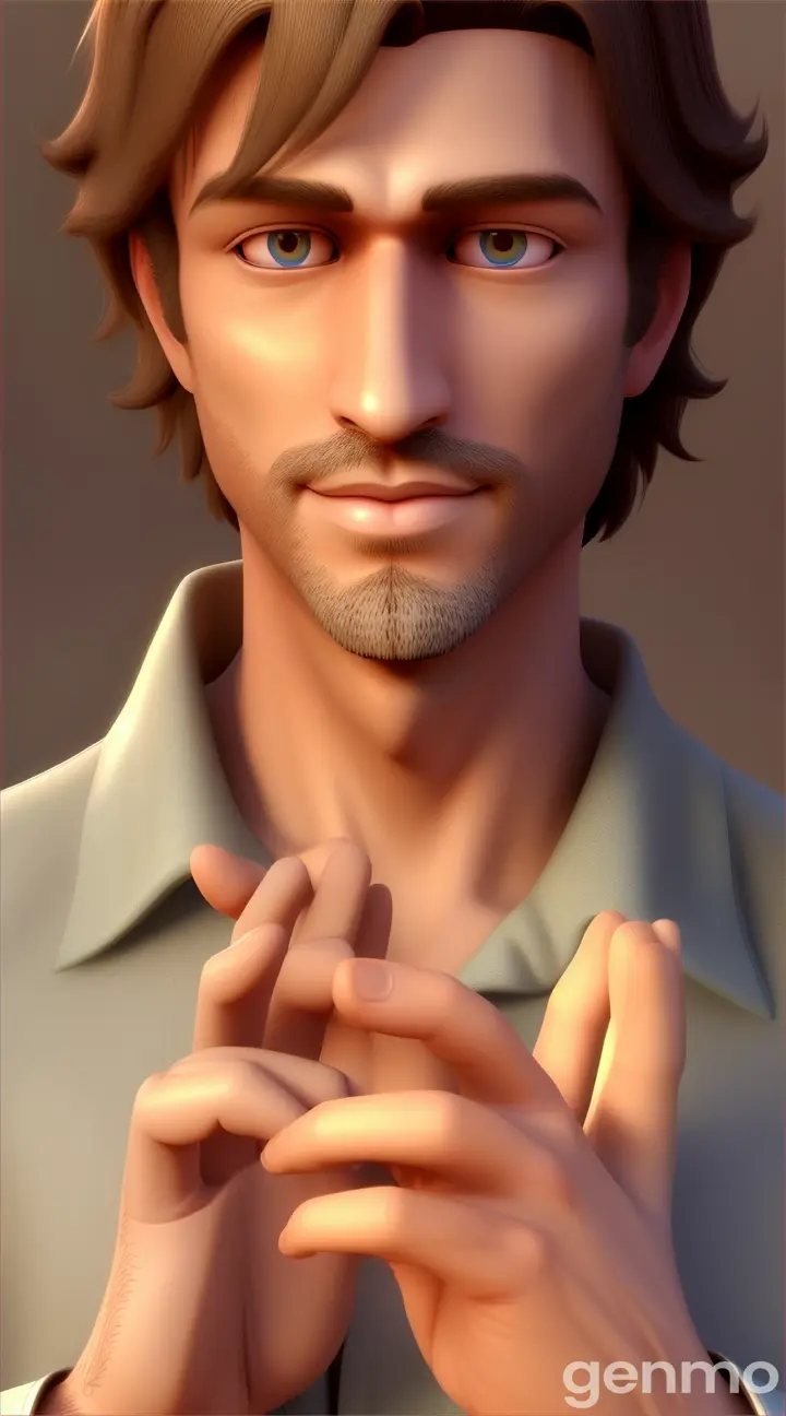 The husband, with a soft smile, gestures with his hand in a forgiving way, symbolizing peace and love. 3D animation style 