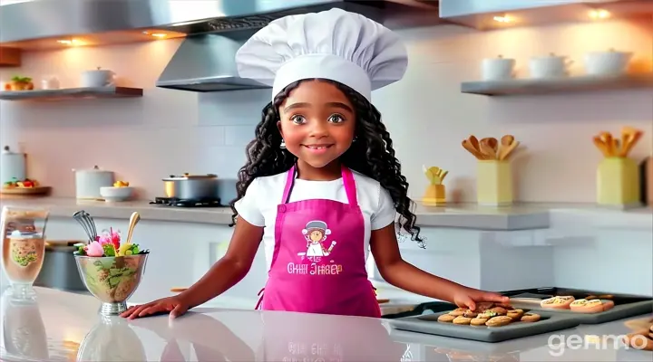 a little girl wearing a chef's hat and apron standing in front of a