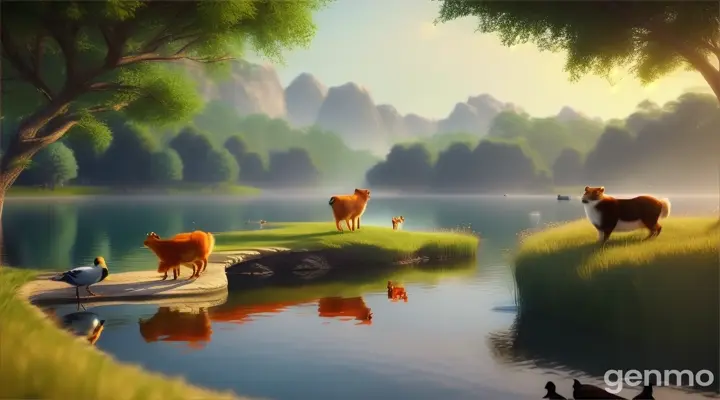 In 3D animation style'A wide shot of animals drinking water at the lake, looking relieved.