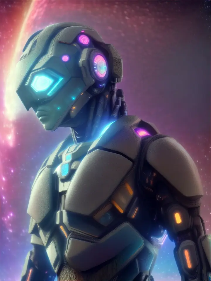 Futuristic humanoid explores a cosmic landscape, standing before a colossal mechanical creature obscured in a nebula