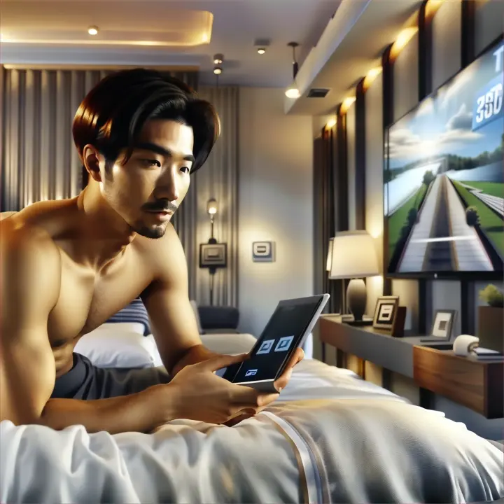 a man sitting on a bed looking at a tablet