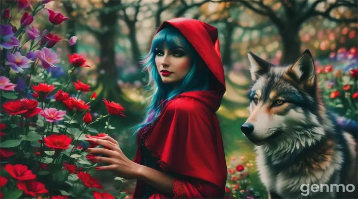 Le petit chaperon rouge wandering through an otherworldly garden, coming face-to-face with a mystical wolf among the vibrant flora