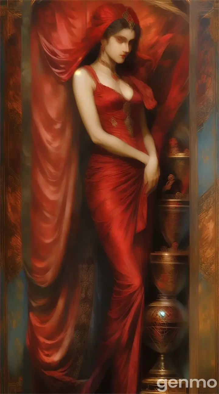 A dimly lit room. Salome, dressed in a flowing, crimson gown, stands alone, her eyes filled with a dangerous allure.