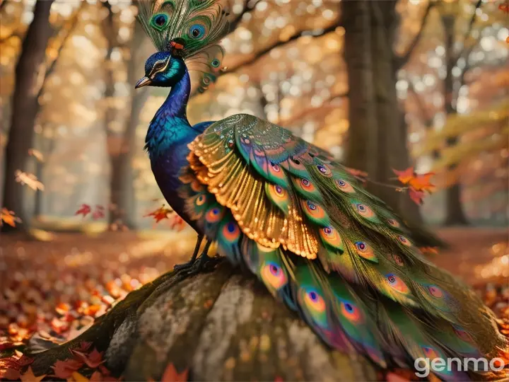 A serene scene of a Peacock-fairy on a bed of autumn leaves, surrounded by vibrant and colorful fall foliage. Her wings spread wide, reflecting the hues of the leaves around her. Rays of sunlight filter through the forest canopy, casting a soft, autumnal light.