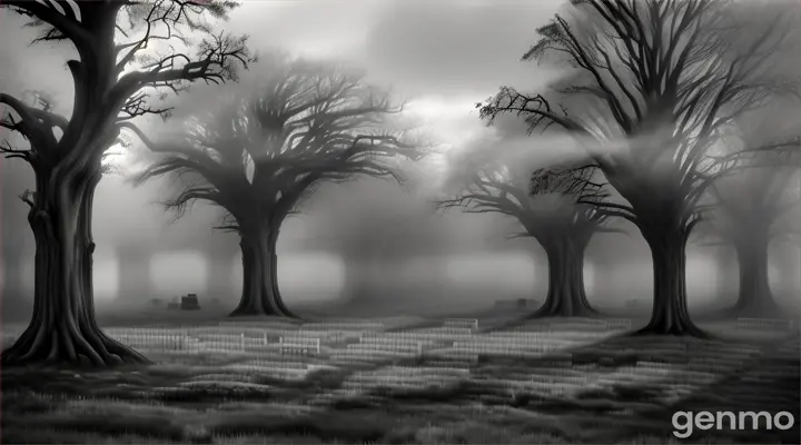 Scary movie scene with zombie shaddows and Dead trees in a cemetery. The background is overcast with heavy clouds and fog. artstation, highly detailed, 8k render, extremely detailed and realistic, sharp focus, dystopian, (Gold), black and white, cinematic lighting, volumetric lighting, shot on Fujifilm XT4, 80mm lens, Fuji color