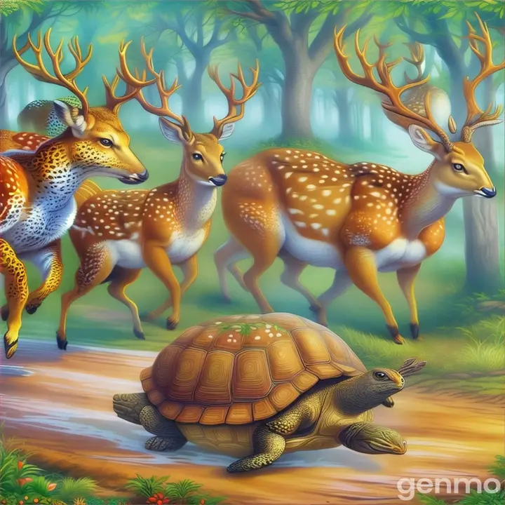 a painting of two deer and a tortoise running through a forest run