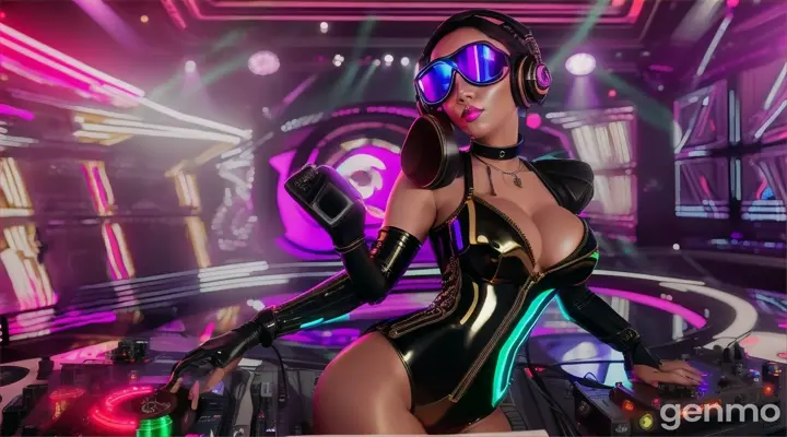 A slender woman with shapely hips and a larger bust than usual, wearing steampunk glasses, shiny headphones and a low-cut latex swimsuit, stands near a DJ mixing console and an electric piano in a steampunk club. Minimal clothing. Laser beams of bright colors against the background of large television screens. "FPV drone shot"