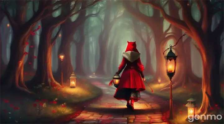 Red Riding Hood walking through the enchanted forest, carrying a lantern with fireflies surrounding her and mystical wolf following her