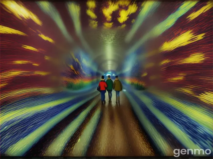 a painting of two people walking through a tunnel