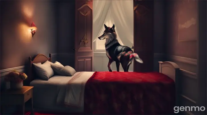 le loup met les vetement de la grand mère du petit chaperon rouge et prend sa place dans le lit,le petit chaperon rouge se trouve avec le loup dans la chambre de sa grand mère