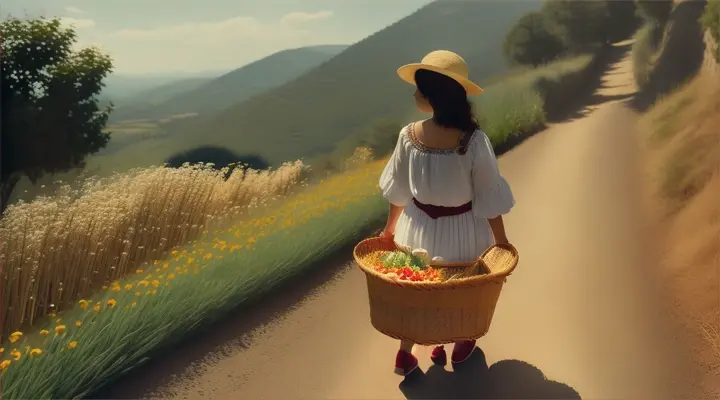 a young maría, dressed in traditional spanish attire, walks along a winding, sun-d kissed path in the countryside, a woven basket resting on her arm and filled to the brim with various types of turron, the delicious spanish nougat, its sweet aroma wafting through the air, as she heads to a nearby village to share her treats with friends and family during the festive season, cinematic style