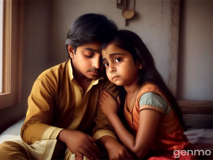 Aman and Rani Together: Aman comforting his sick younger sister Rani in their small, simple home. Rani appears weak but hopeful, while Aman looks worried yet caring.