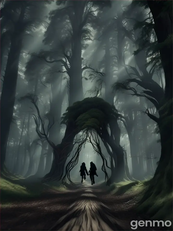 Generate animation video Friends desperately running through a dark forest. The ground beneath them is coming alive, with twisted roots snaking out to trap their legs. One friend is stumbling as a root catches his foot. The sky above is dark, and the forest canopy feels heavy and ominous.