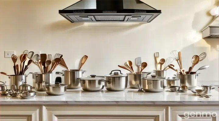 a range hood over a kitchen counter filled with pots and pans