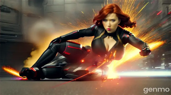 Black Widow rolling on the ground dogging laser shorts and explosions