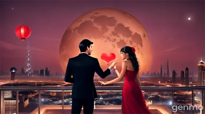 A dreamy night setting with the couple on a rooftop under a glowing moon. The man, dressed in a sleek black suit, gazes at the woman as she stands near the edge, wearing a flowing red dress. He playfully holds his hand over his heart, symbolizing that she has stolen it. Around them, glowing lanterns rise into the sky, reflecting their deep emotional connection. The city skyline, a mix of Lahore and Dubai, shimmers in the background.
