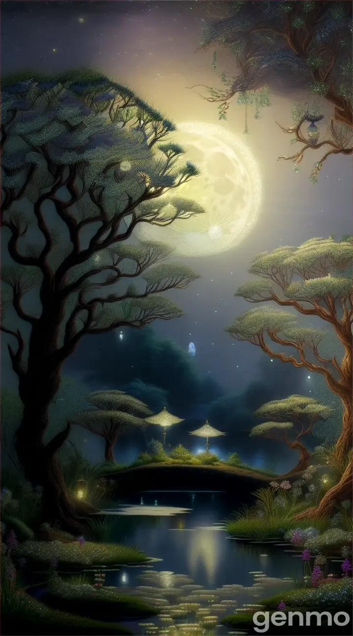 Embroidery of plants and moonlight forming a serene oasis under the bright glow of the moon
