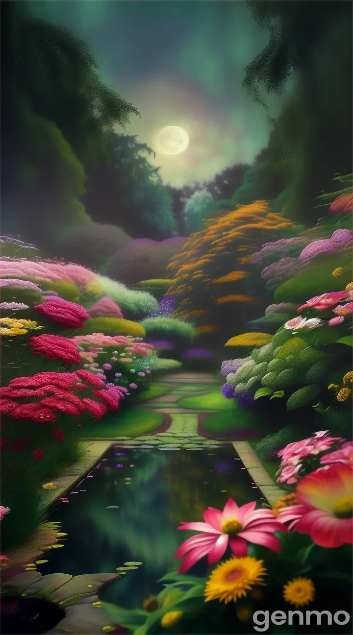 A botanical garden with a mystical moon using only vintage papers, blending texture and color