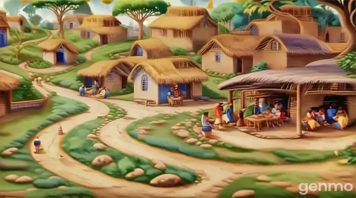 a painting of a village with people in it