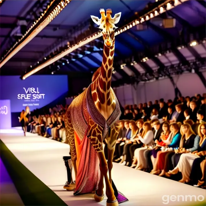 a giraffe is walking down the runway at a fashion show