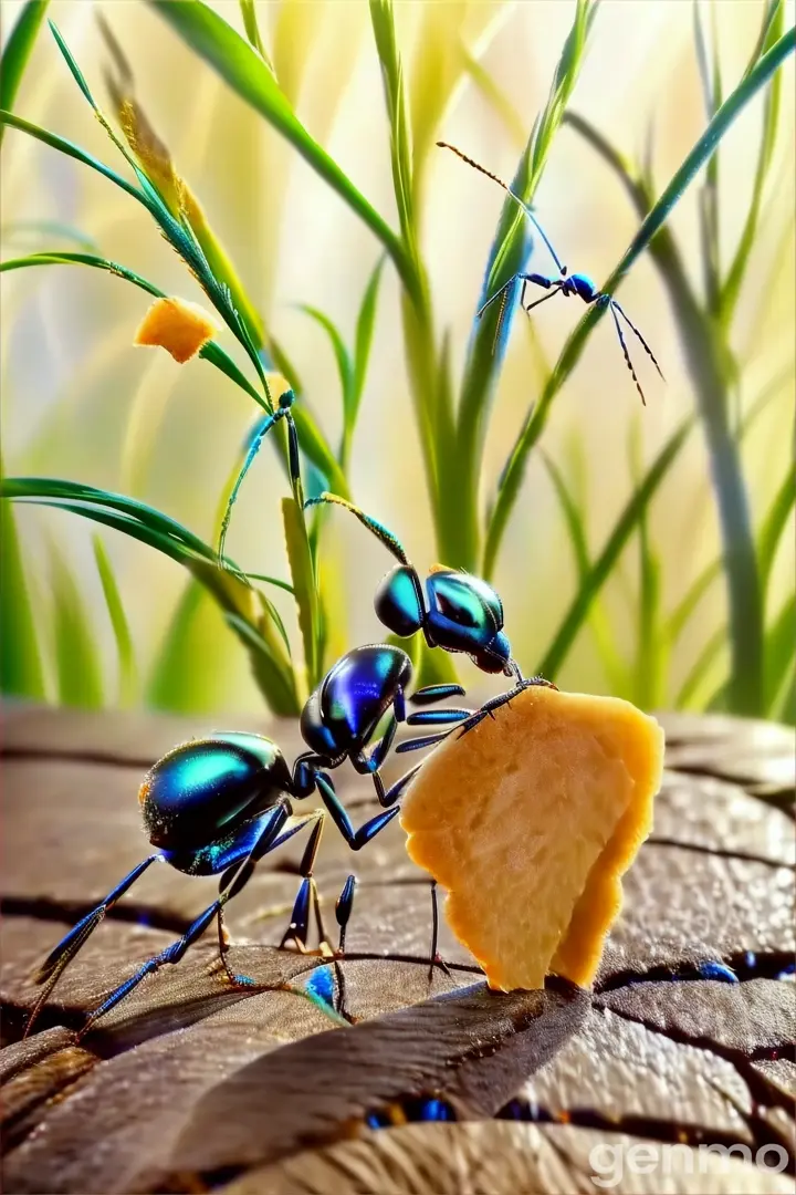 a blue ant carrying a piece of bread