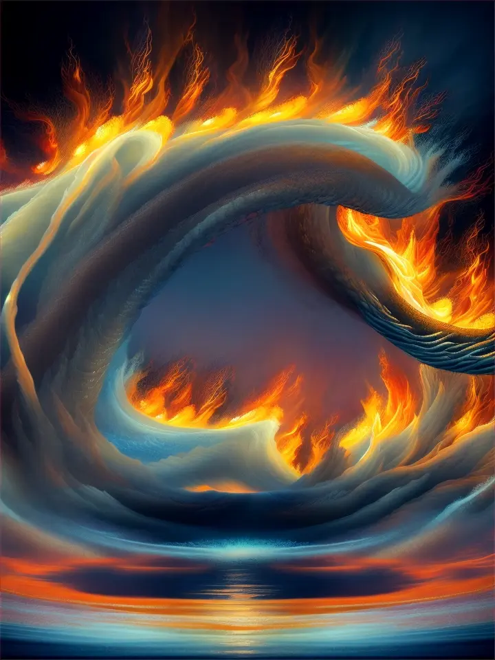An elaborate and richly detailed artwork depicting submerged flames and fiery waves crashing against each other, creating a contrasting yet harmonious display
