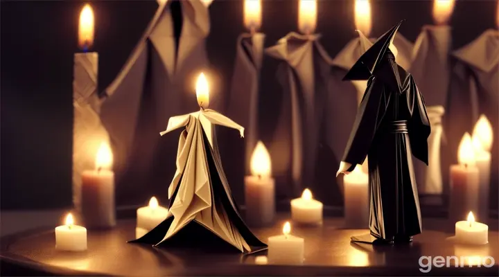 origami paper person in black robe in front of a candle