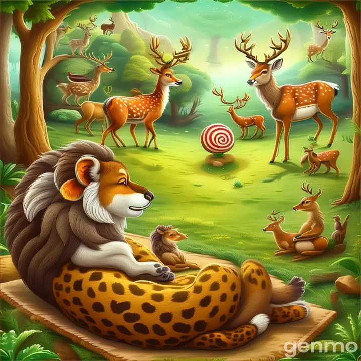 a painting of a forest with deer, deer, and antelope