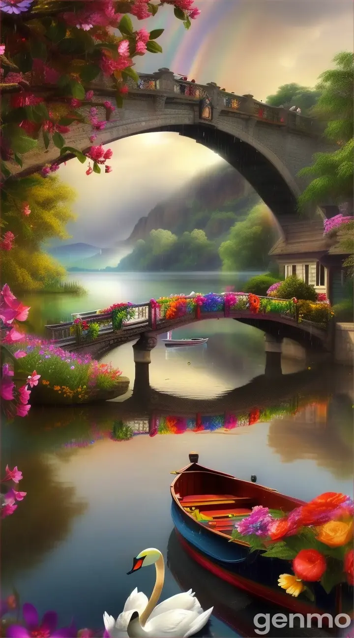 A realistic image of sunshine with rain drizzling and rainbow. And a lake with lots of unusual colorful flowers and a cute well decorated boat  with people on it. Swans are playing in the lake. Beautiful bridge in the background at a distance.