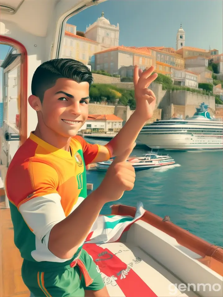 cartoon style Cristiano  ronaldo was 12, waving goodbye to his family as he boarded a small boat to Lisbon.

