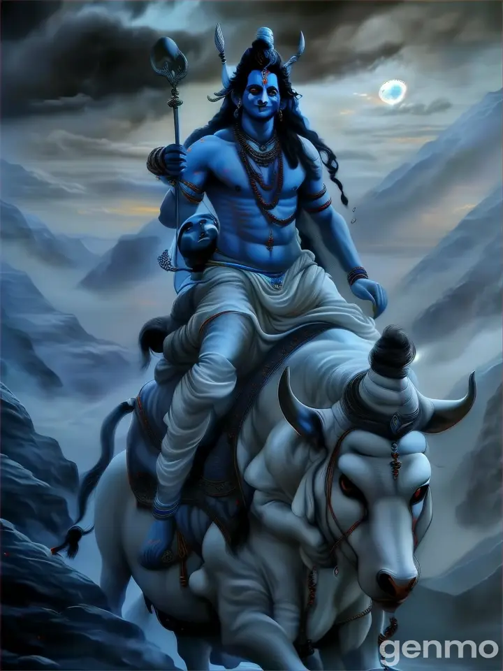 a painting of a lord shiva riding on the back of a nandi