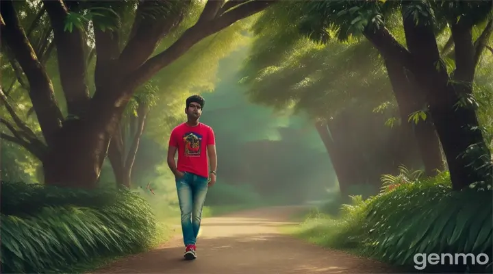 A Pakistani young man in jeans and t-shirt walking on a beautiful tropical forest path with colorful birds perched on tree branches
