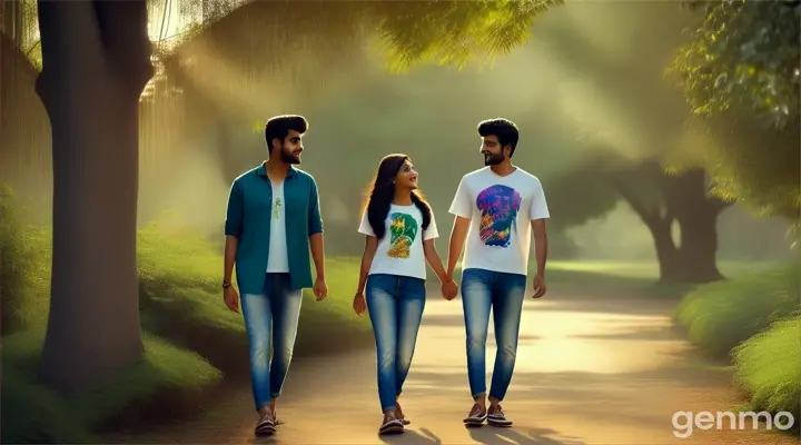 A Pakistani young man and young woman in jeans and t-shirts walking on a beautiful tropical forest path with colorful birds perched on tree branches
