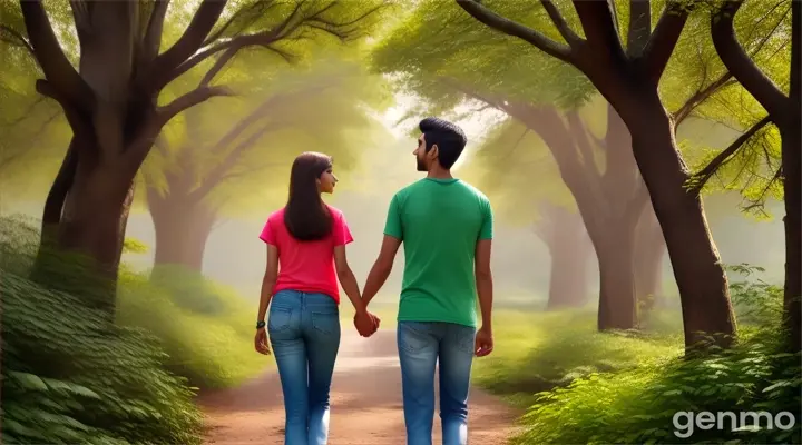 A Pakistani young man and young woman in jeans and t-shirts walking on a beautiful tropical forest path with colorful birds perched on tree branches
