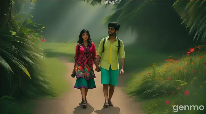 Pakistani young man and young woman walking on a path in a jungle teeming with colorful exotic birds, flowers, and trees with twisted branches