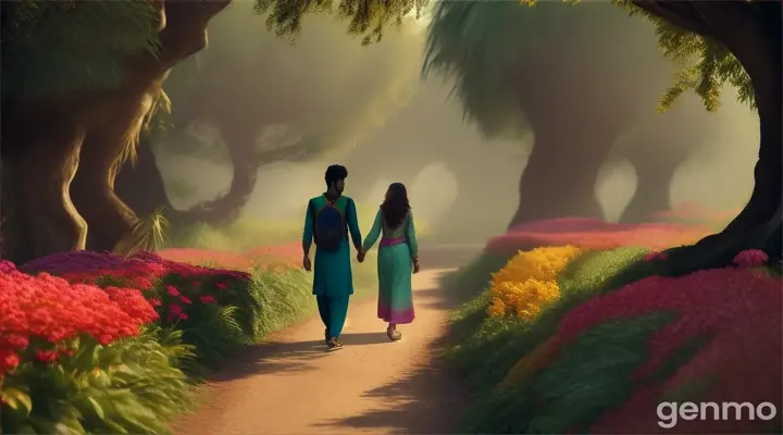 Pakistani young man and young woman walking on a path in a jungle teeming with colorful exotic birds, flowers, and trees with twisted branches.