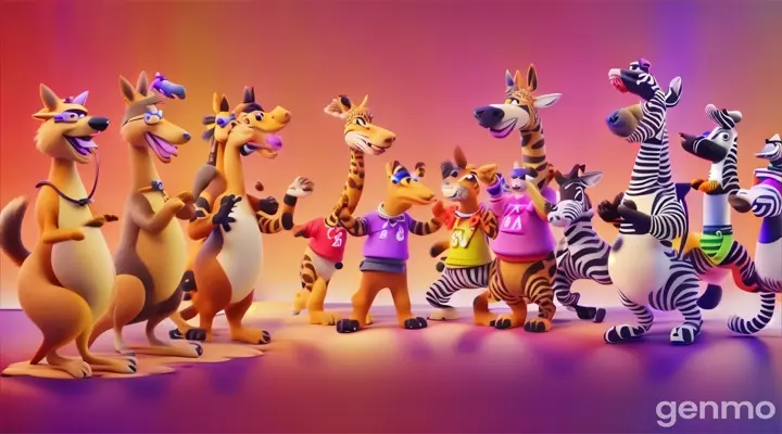 a group of cartoon animals standing next to each other+--